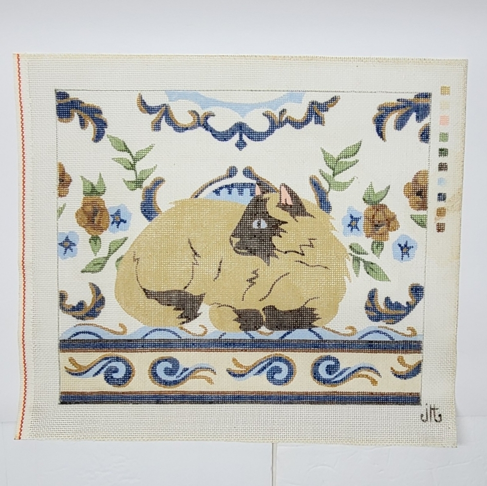 Vintage JLT The Kermin Cat Siamese Needlepoint ornate floral and scroll border